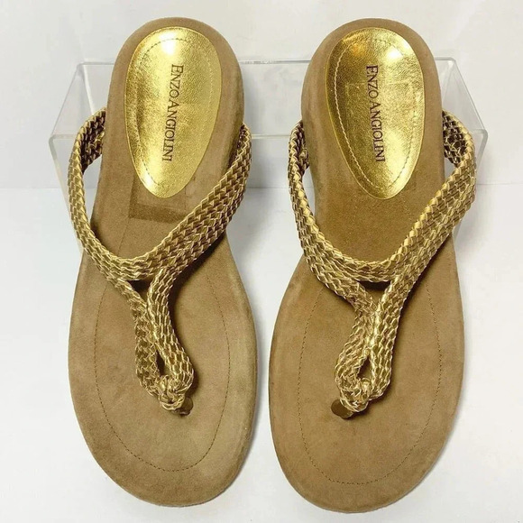 Enzo Angiolini Metallic Gold Leather Braided Suede Sandals size 6 - Picture 2 of 6